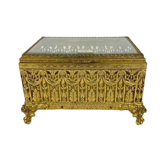 Globe 24kt Gold Plated Jewelry Trinket Box Ornate Filigree Gilt Glamour Vanity - Picture 1 of 8